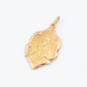 #39438-Medalha Dupla Face N. S.do Carmo e Sagrado Coração de Jesus em Ouro Amarelo 18K