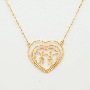 #39074-Colar Coração com 2 Meninas em Ouro Amarelo 18K com 2 Pontos de Brilhantes (43 cm)